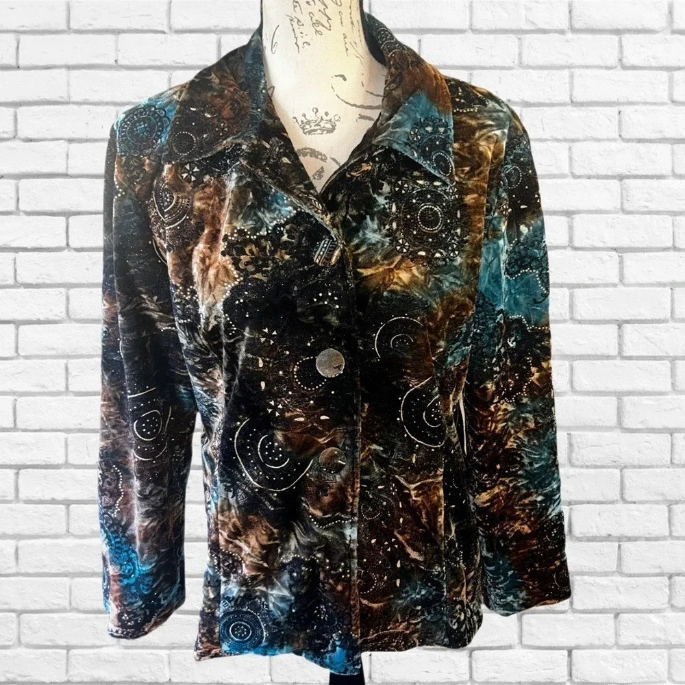 Chico's Velvet Celestial Mandala Print Blazer Teal Bronze Beaded Jacket Size‎ 2